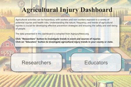 A screenshot of the homepage of the farm scene and text from the Agricultural Injury Dashboard.