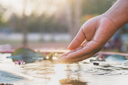 a person's hand letting water trickle into a body of water with foliage in the background