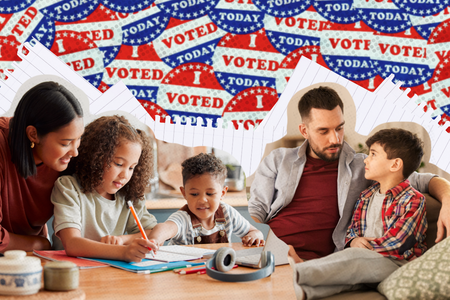 Two families talk against a background of Vote stickers