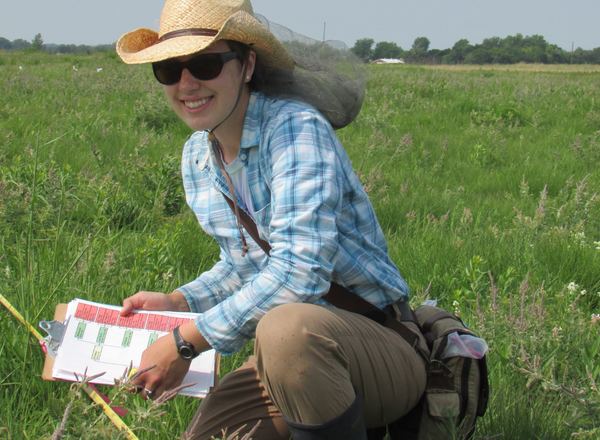 Erin kneeling in a prairie with monitoring sheet