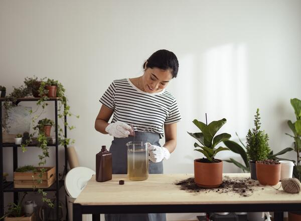 woman mixing fertilizer with water for plants