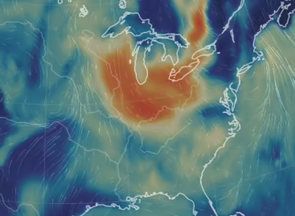 Map showing how air particulates on June 28, 2023 (Null Earth, earth.nullschool.net)