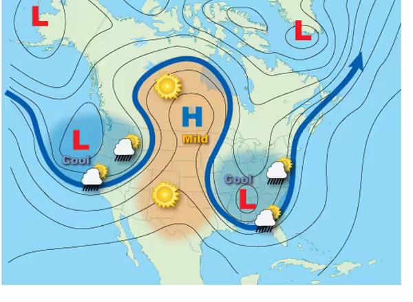 Map image of an omega block via NOAA, www.noaa.gov.