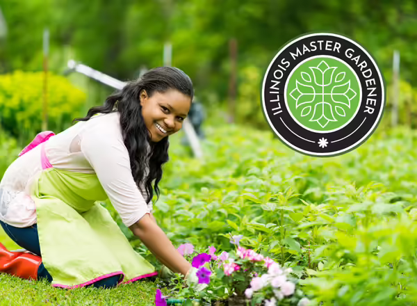 woman kneeling in garden with flowers, Master Gardener logo