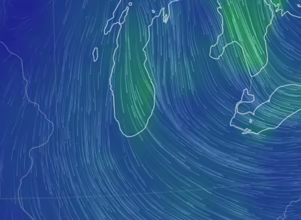 Map image of winds near the surface June 27, 2023 (Null Earth, earth.nullschool.net)