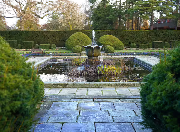 A pond with a fountain in the center