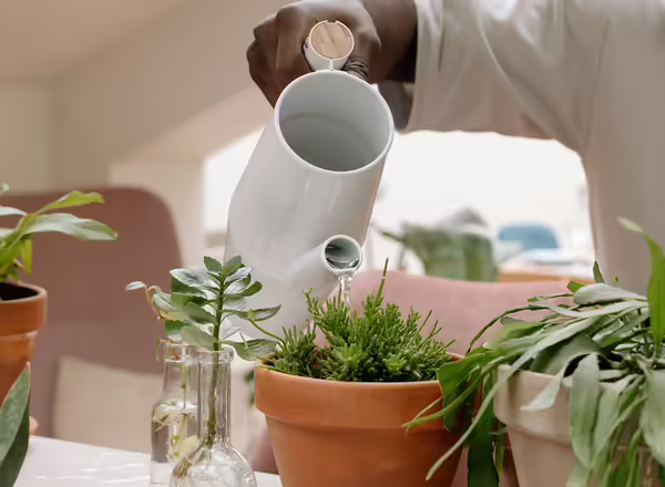 Person watering potted plants