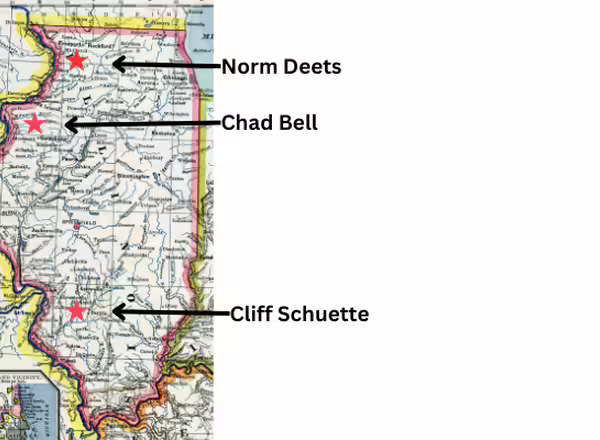 Map of Illinois indicating locations of each farmer interviewed