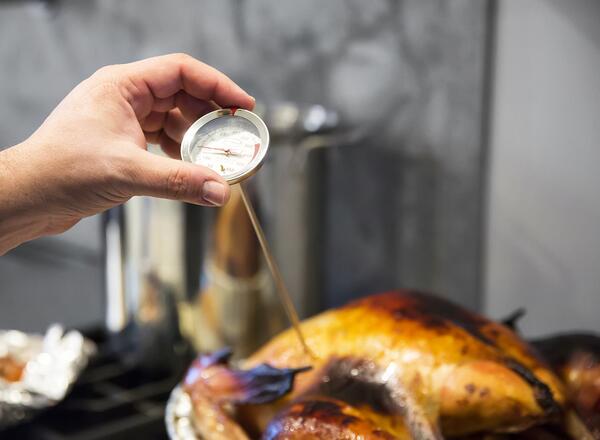 person inserting meat thermometer into turkey