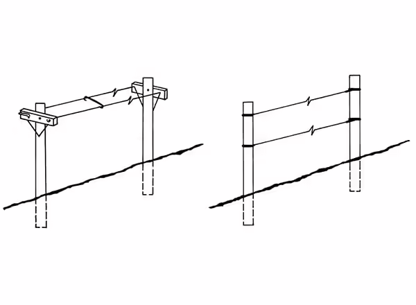 2 types of trellises. Left: Horizontal trellis suitable for red raspberries and requires a minimum of typing of canes. Right: The two-wire vertical trellis allows canes to be tied to it.