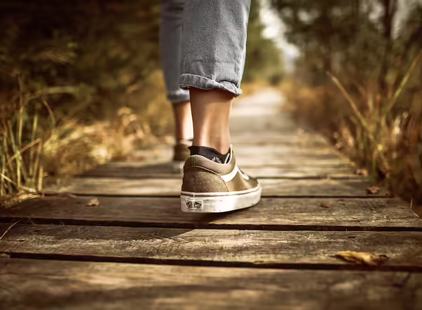 person walking down wood path