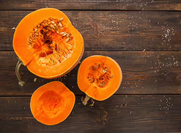 pumpkin cut in half and seeds removed