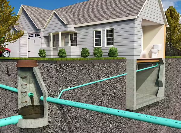 A schematic section-view illustration of a contemporary Sanitary Sewer System depicting a residential connection to a public sanitary structure.