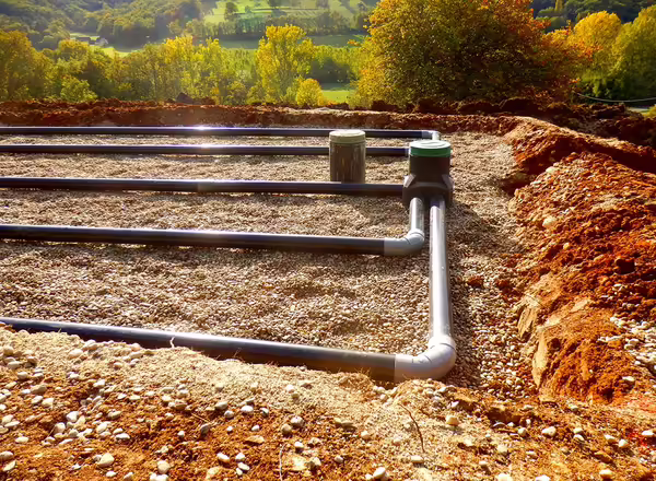 The top layer of pipework, after the membrane, sand and gravel had been applied, during the construction of a sand and gravel drainage system