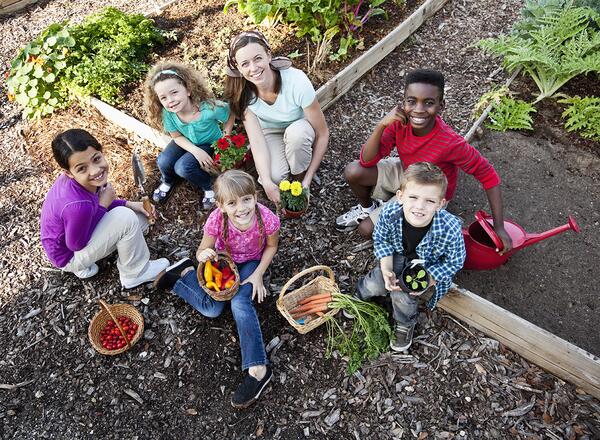 five children with teacher planting in raised bed gardens