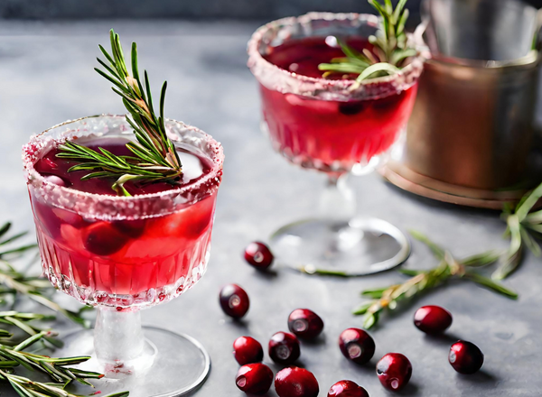 Cranberry mocktails with cranberries and rosemary sprigs