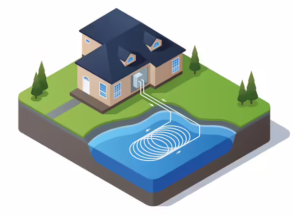 illustration of horizontal pond-lake type of geothermal loop