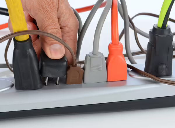 lots of cords plugged into an electrical power strip