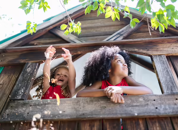 2 children playing in tree house
