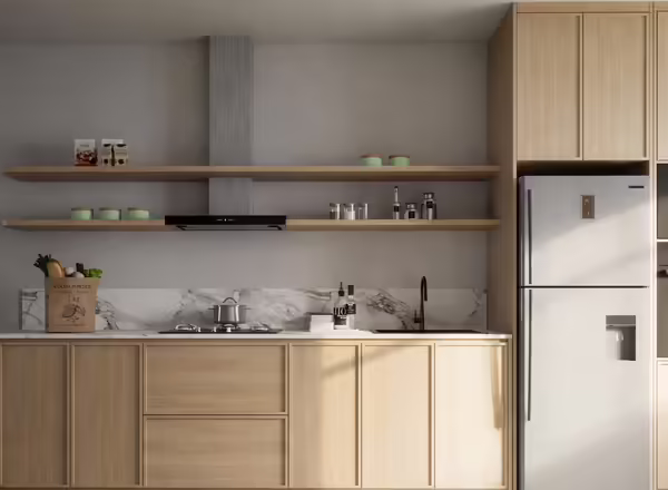 Home kitchen cabinets next to refrigerator