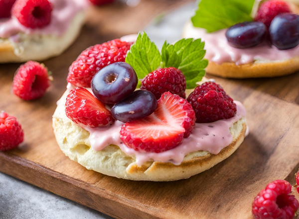 english muffin with strawberry cream cheese topped with strawberries, raspberries, and grapes