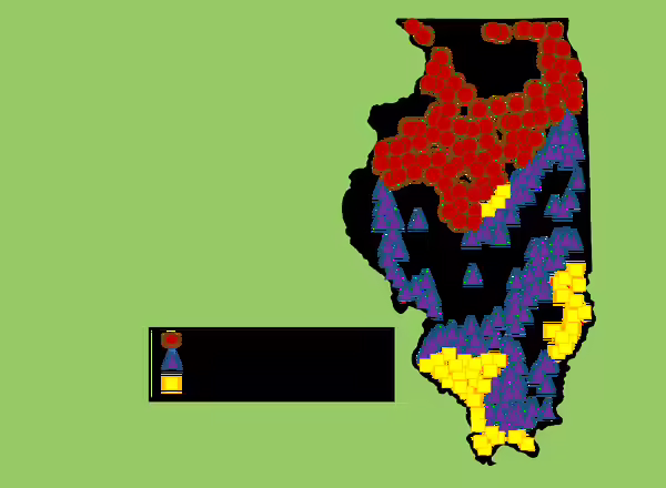 Illinois Map with cicada brood emergence marking locations and key to brood names.