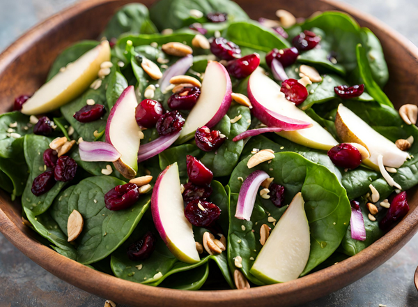 Spinach salad with pears, onion, cranberries, and nuts