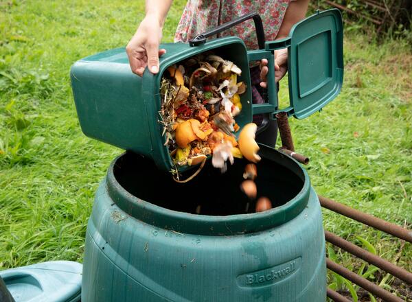 Adding kitchen scraps to compost bin