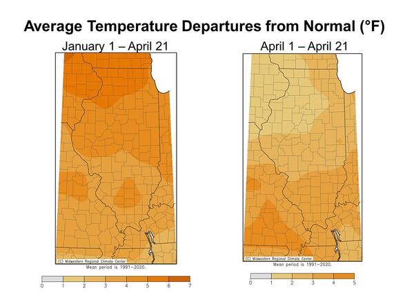 two maps of illinois with different shades of orange showing a range of temperatures