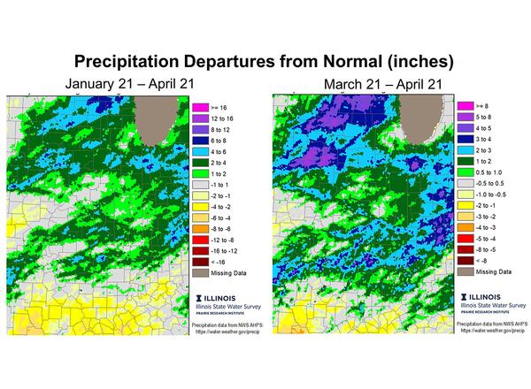 two maps of illinois with different colors showing a range of precipitation