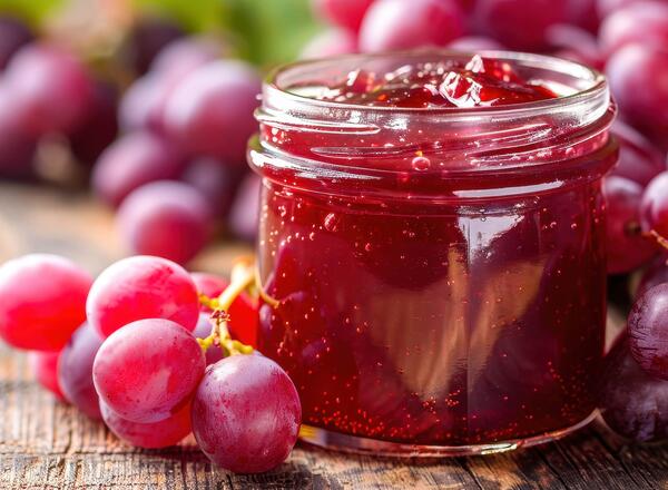 homemade grape jelly in clear glass jar