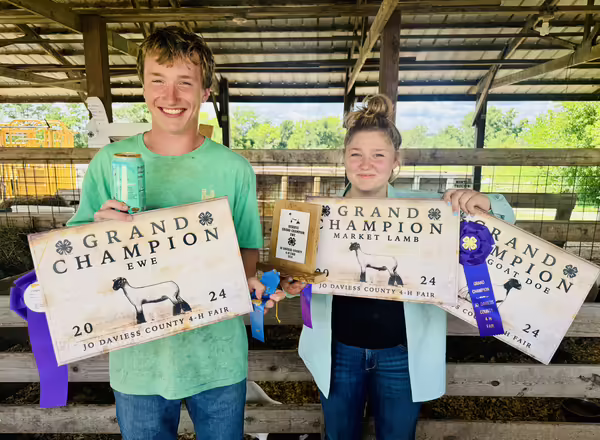 Max Wienen helping Madalyn Koester, both Scales Mound 4-H Club members, with her awards after a day of livestock shows.