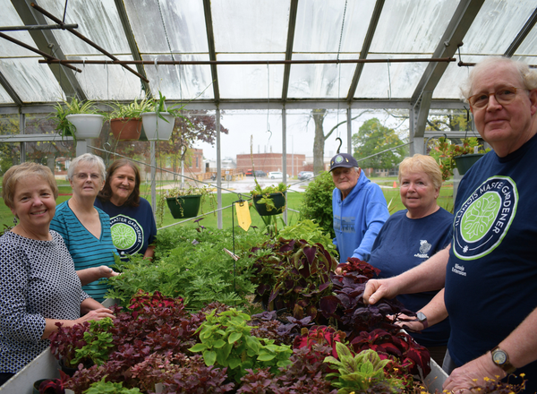 Several people gathered around a raised bed in a greenhouse.