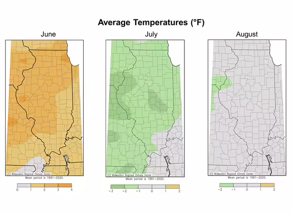 three different maps of illinois with green orange and gray colors