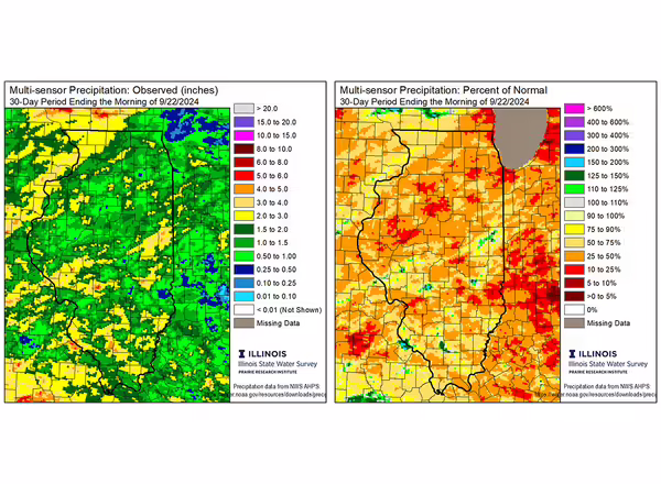 two maps of illinois with different colors showing a range of precipitation