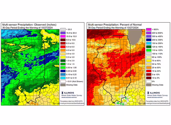 two maps of illinois with different colors showing a range of precipitation