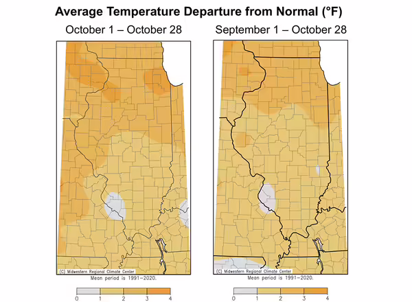 two maps of illinois with varying colors of orange showing a range of temperature differences