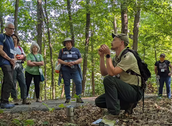 volunteers listening to a presentation in the woods