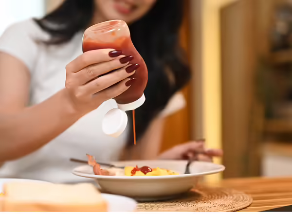 woman squeezing ketchup from bottle onto breakfast dish with eggs