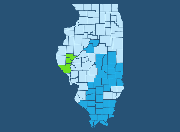 Map of Illinois with Hunters Feeding Illinois project counties highlighted