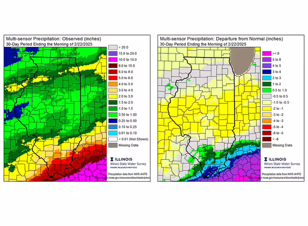 two maps of illinois with different colors showing a range of precipitation