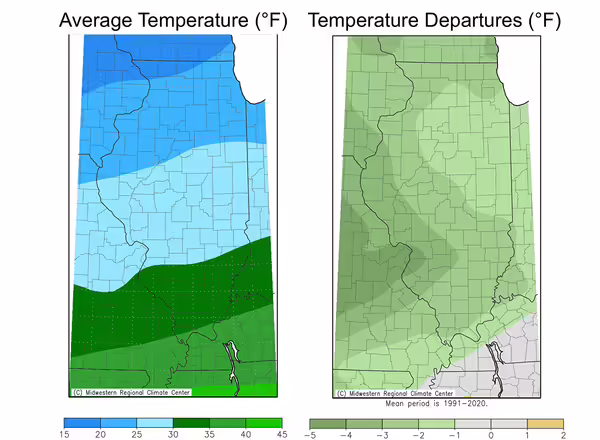 two maps of illinois with different colors showing a range of temperature