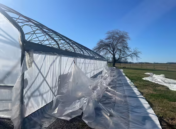 outside of high tunnel structure with clear plastic getting attached
