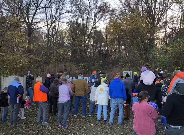 A group of people gather at dusk in the woods