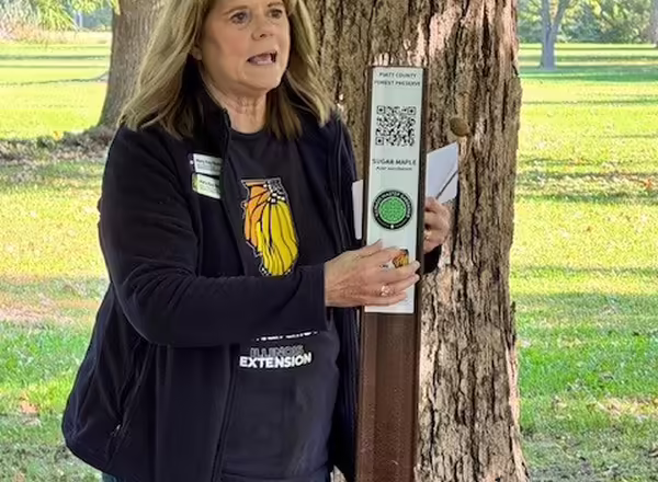 A woman stands next to a marked tree talking