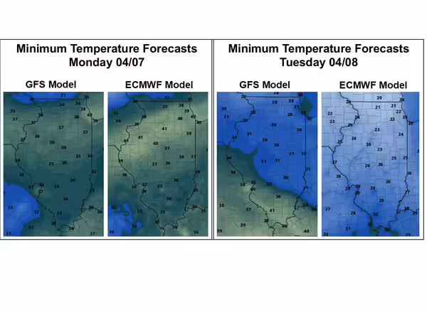 four maps of illinois with ranges of temperatures