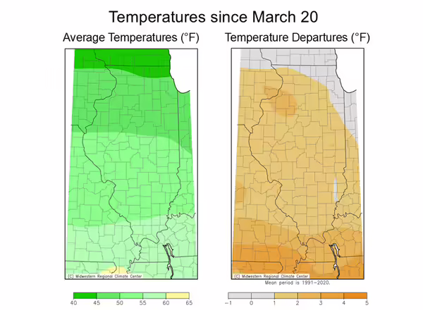 two maps of illinois with different colors showing a range of temperatures