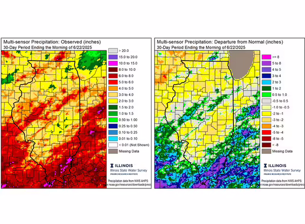 two maps of illinois side by side with color gradients demonstrating precipitation differences 