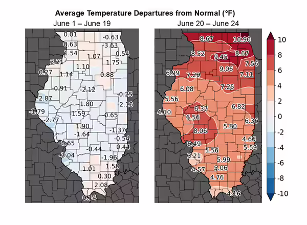 two maps of illinois side by side with color gradients showing departures from normal temperature ranges in the month of june