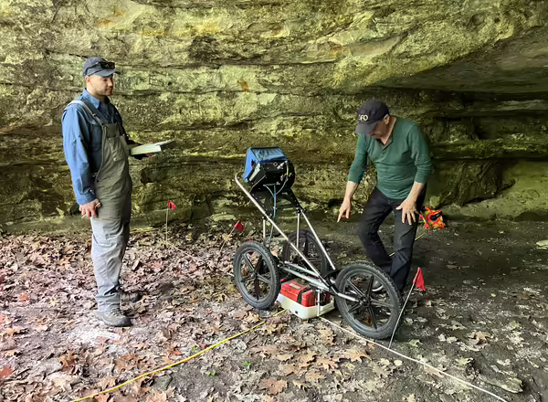 Ground-penetrating radar being used to survey a rock shelter at Belrose Farm in Wedron, IL.